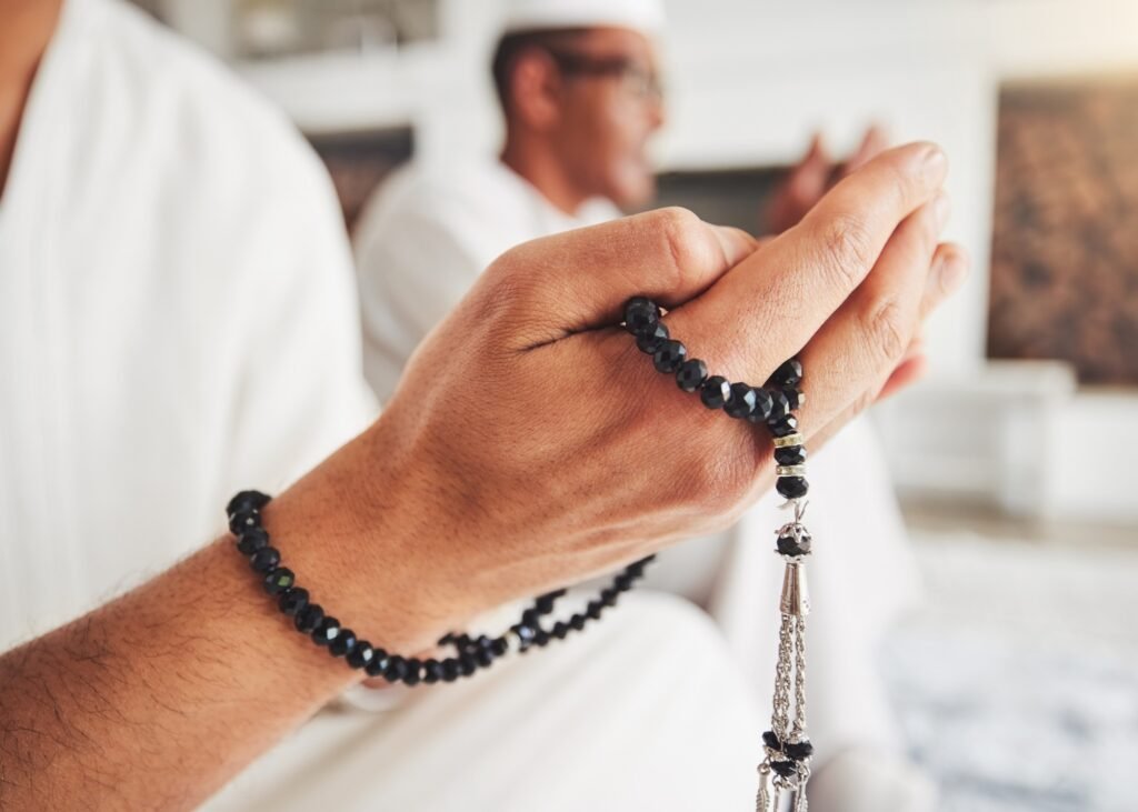 Prayer beads, Muslim person hands and Islamic faith, worship and trust in God with peace and religi